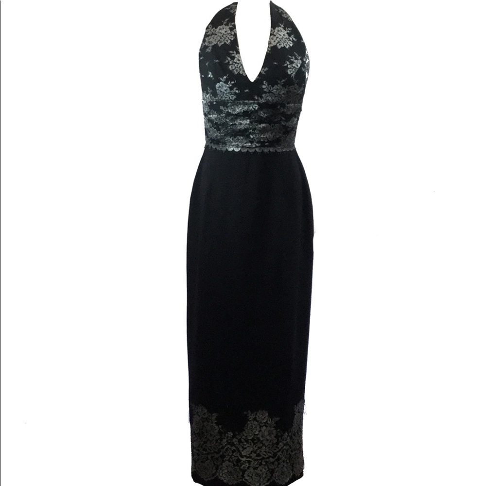Metallic Silver/Black lace halter gown. 4 ply silk